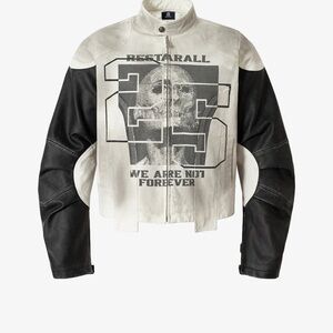 NWT SUPERMADE SKULL PRINT PANELED STAND-UP COLLAR LEATHER JACKET size M